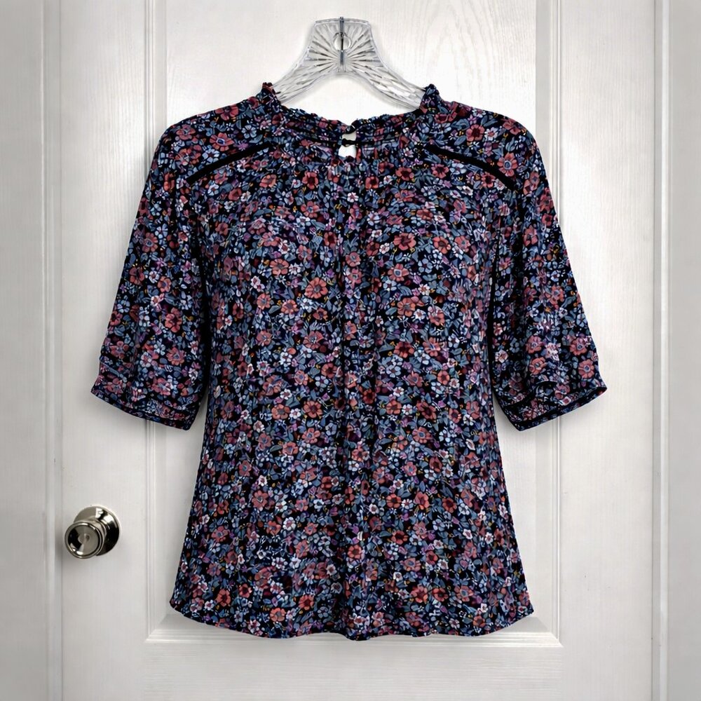 Knox Rose Floral Boho Blouse Size Large Navy Smocked Neck Peasant Top